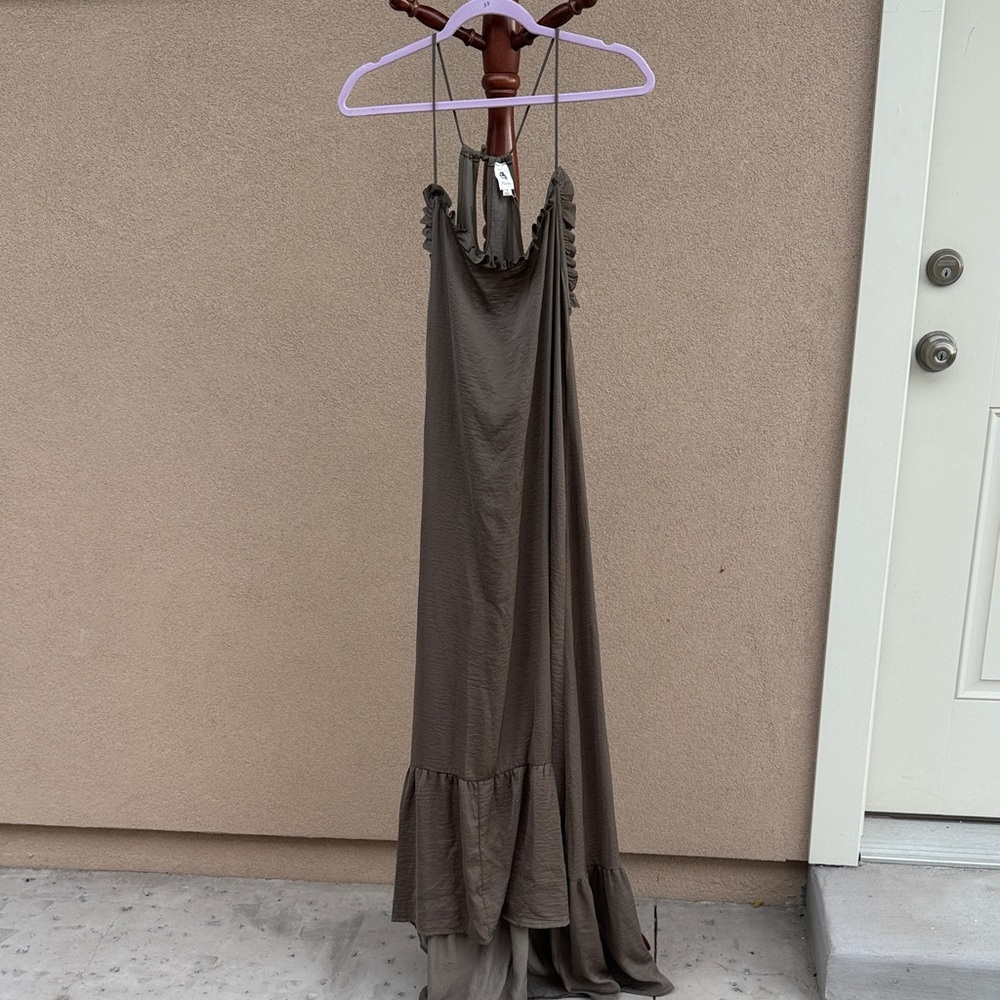 Elegant Brown Maxi Dress with Ruffle Details